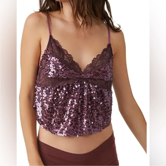 Free People burgundy right rhythm sequin mesh crop top - Picture 1 of 12